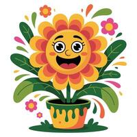 A cartoon flower with a happy face and colorful leaves vector
