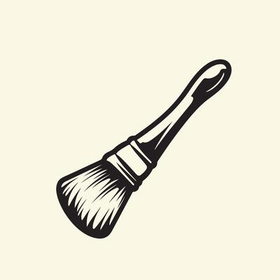 A black and white illustration of a paintbrush isolated on white background