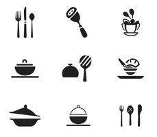 A set of black and white icons depicting various types of food vector