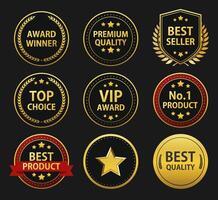 Set of 9 gold award badges with red and black accents. Includes premium, best seller, top choice, and VIP labels. Ideal for certificates, branding, and promotions. , fully editable vector