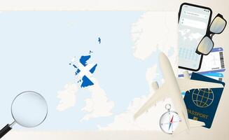 Scotland map and flag, cargo plane on the detailed map of Scotland with flag. vector