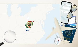 West Virginia map and flag, cargo plane on the detailed map of West Virginia with flag. vector