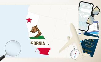 California map and flag, cargo plane on the detailed map of California with flag. vector