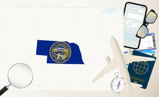 Nebraska map and flag, cargo plane on the detailed map of Nebraska with flag. vector