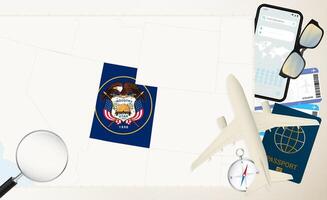 Utah map and flag, cargo plane on the detailed map of Utah with flag. vector
