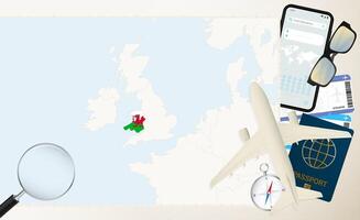 Wales map and flag, cargo plane on the detailed map of Wales with flag. vector