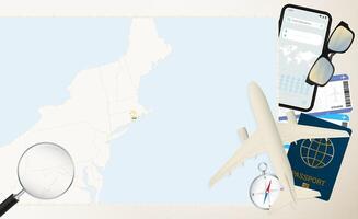 Rhode Island map and flag, cargo plane on the detailed map of Rhode Island with flag. vector