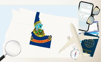 Idaho map and flag, cargo plane on the detailed map of Idaho with flag. vector