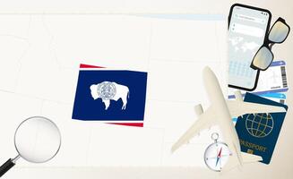 Wyoming map and flag, cargo plane on the detailed map of Wyoming with flag. vector