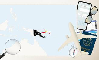 Papua New Guinea map and flag, cargo plane on the detailed map of Papua New Guinea with flag. vector