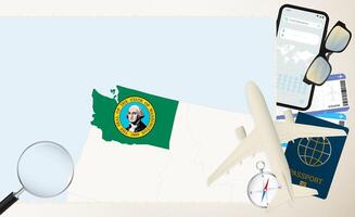 Washington map and flag, cargo plane on the detailed map of Washington with flag. vector