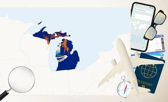 Michigan map and flag, cargo plane on the detailed map of Michigan with flag. vector