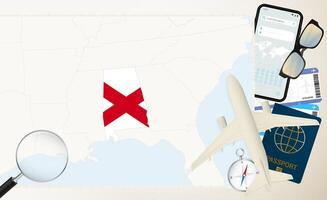 Alabama map and flag, cargo plane on the detailed map of Alabama with flag. vector