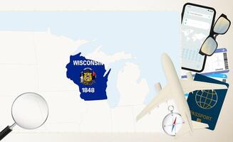 Wisconsin map and flag, cargo plane on the detailed map of Wisconsin with flag. vector