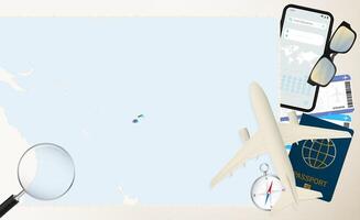 Fiji map and flag, cargo plane on the detailed map of Fiji with flag. vector