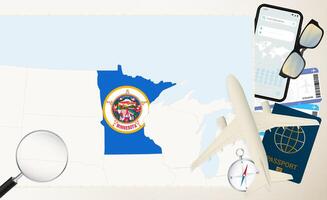 Minnesota map and flag, cargo plane on the detailed map of Minnesota with flag. vector