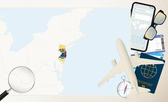 New Jersey map and flag, cargo plane on the detailed map of New Jersey with flag. vector