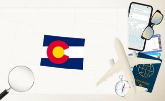 Colorado map and flag, cargo plane on the detailed map of Colorado with flag. vector