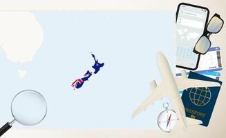 New Zealand map and flag, cargo plane on the detailed map of New Zealand with flag. vector