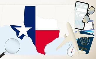 Texas map and flag, cargo plane on the detailed map of Texas with flag. vector