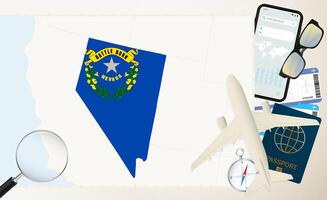 Nevada map and flag, cargo plane on the detailed map of Nevada with flag. vector