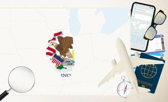 Illinois map and flag, cargo plane on the detailed map of Illinois with flag. vector