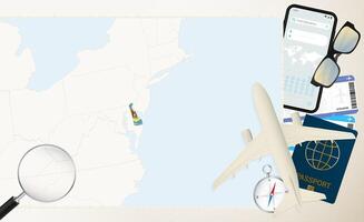 Delaware map and flag, cargo plane on the detailed map of Delaware with flag. vector