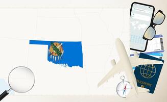 Oklahoma map and flag, cargo plane on the detailed map of Oklahoma with flag. vector