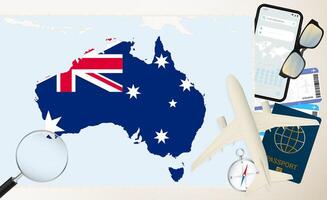 Australia map and flag, cargo plane on the detailed map of Australia with flag. vector