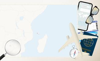 Comoros map and flag, cargo plane on the detailed map of Comoros with flag. vector