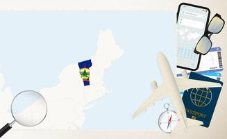 Vermont map and flag, cargo plane on the detailed map of Vermont with flag. vector