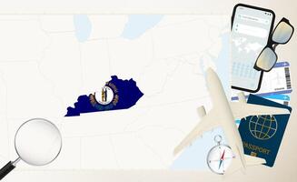Kentucky map and flag, cargo plane on the detailed map of Kentucky with flag. vector