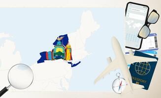 New York map and flag, cargo plane on the detailed map of New York with flag. vector
