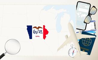 Iowa map and flag, cargo plane on the detailed map of Iowa with flag. vector