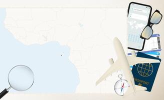 Sao Tome and Principe map and flag, cargo plane on the detailed map of Sao Tome and Principe with flag. vector