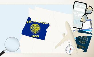 Oregon map and flag, cargo plane on the detailed map of Oregon with flag. vector