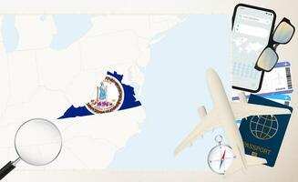 Virginia map and flag, cargo plane on the detailed map of Virginia with flag. vector