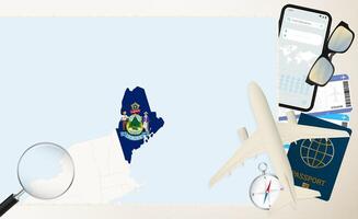 Maine map and flag, cargo plane on the detailed map of Maine with flag. vector