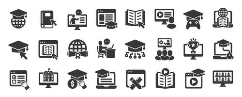 Online education glyph solid icons collection. Containing e-learning, school, education, study, diploma. For website marketing design, logo, app, template, ui, etc vector