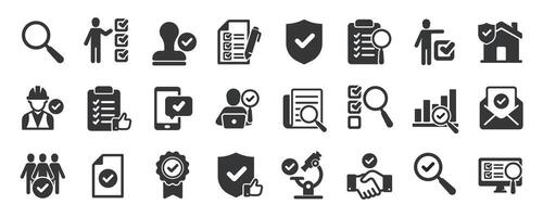 Inspection glyph solid icons collection. Containing survey, polling, review, research, analysis vector