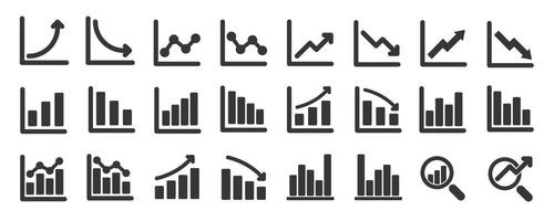 Increase and decrease glyph solid icons collection. Containing content growing, grap, proft, rate, progression vector