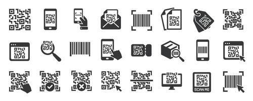 QR Code glyph solid icons collection. Containing barcode, identity, identification, digital vector