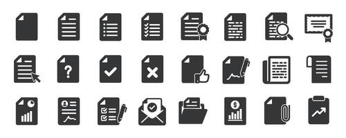 Documents glyph solid icons collection. Containing legal, clipboard, file, report, form, writing, paper vector