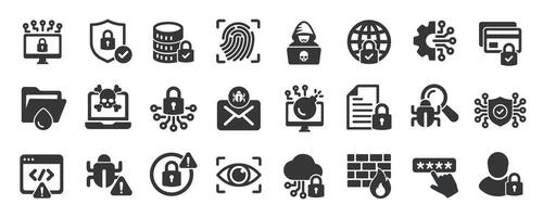 Cyber security glyph solid icons collection. Containing privacy, protection, access, encryption, network vector