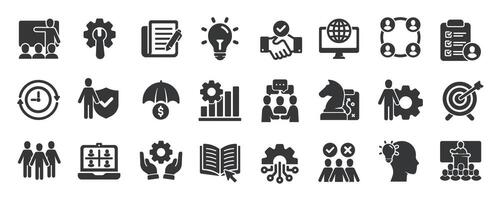 Workshop glyph solid icons collection. Containing consultation, coaching, leadership, marketing, presentation vector