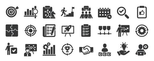 Action plan glyph solid icons collection. Containing planning, process, management, strategy vector