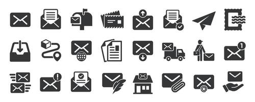 Mailing glyph solid icons collection. Containing mail, email, letter, mailbox, post, envelope vector