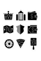 Nine distinct monochromatic icons, including a crown, building, wallet, map, shield, and food vector