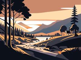monochromatic landscape illustration art concept lake forest vector
