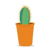 simple illustration of a vibrant green cactus with spikes, standing tall in a terracotta pot, all set against a white background. A houseplant potted cactus vector